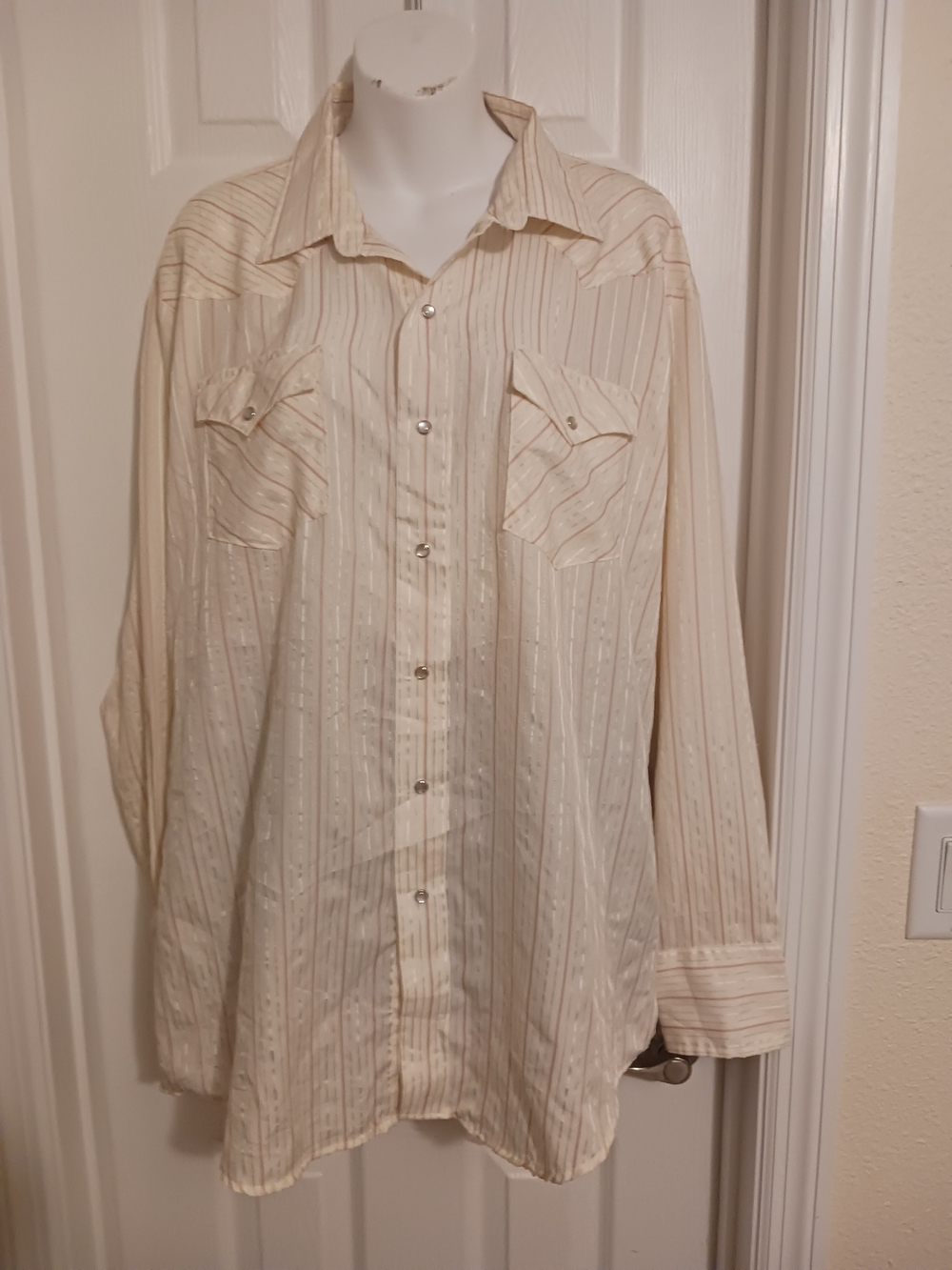 Men's Cream Pink Striped LS Button-Down Shirt Pearl Snap 17.5- Western- Y2k